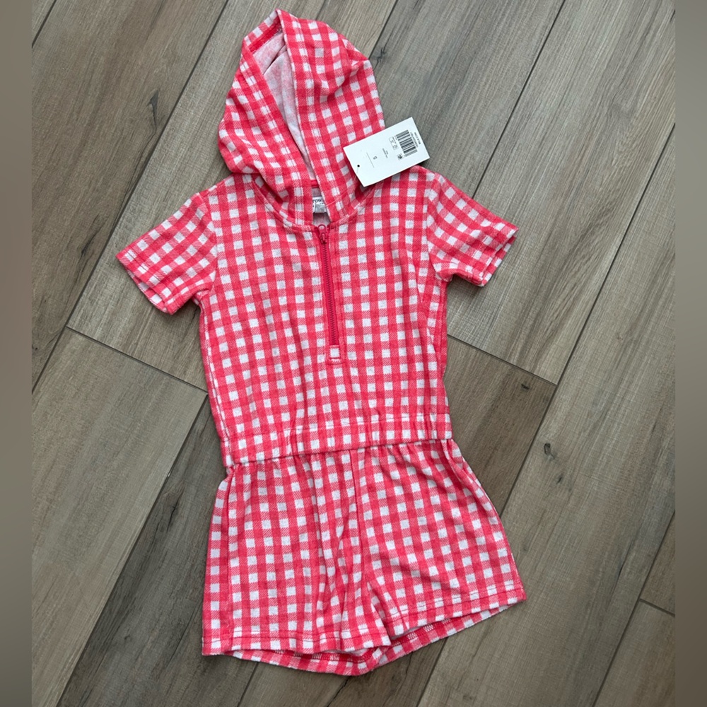 NWT Girls Crown & Ivy Checkered Hooded Swim Coverup Romper - Size 5